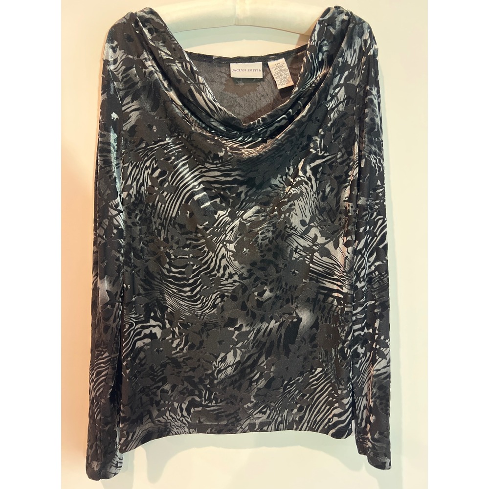 Jaclyn Smith Women's Size L Burnout Black Gray Long Sleeve Cowl Neck Top